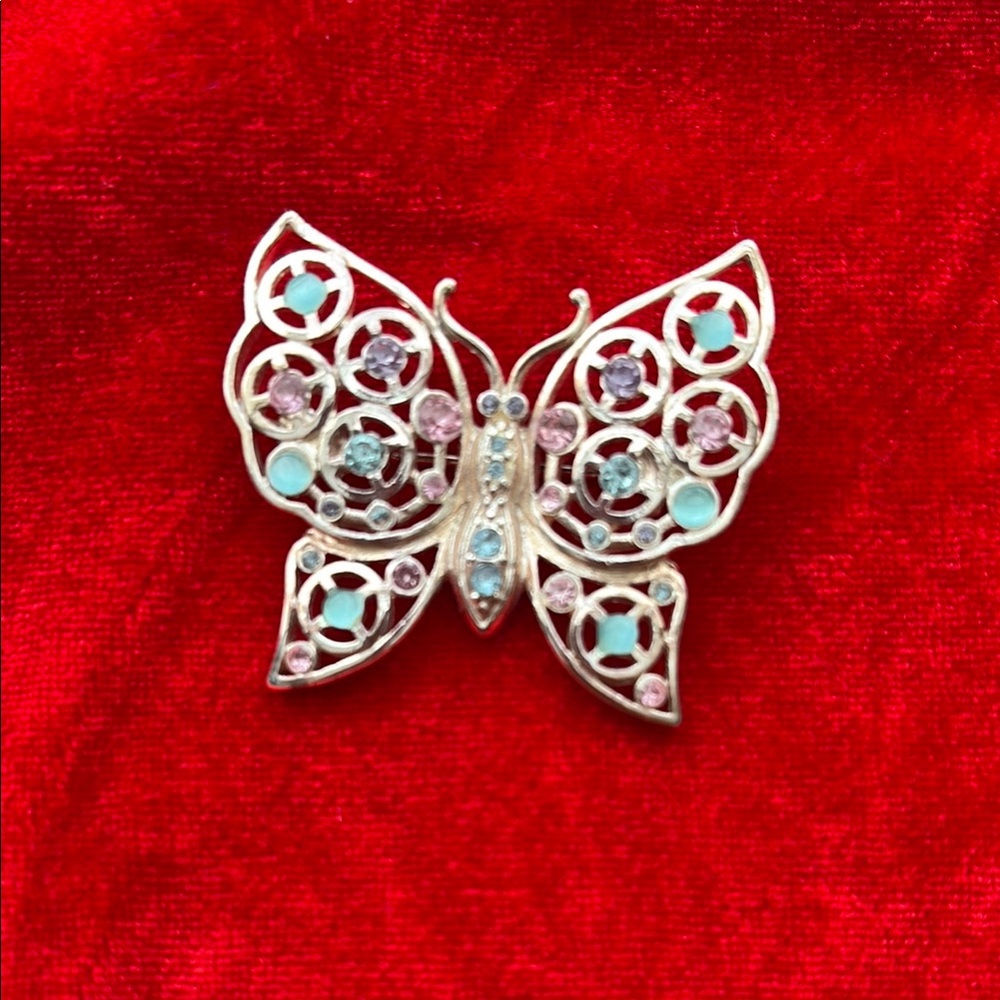 Vintage-Elegant Silver Butterfly Brooch with Pink, Blue & Purple Accents